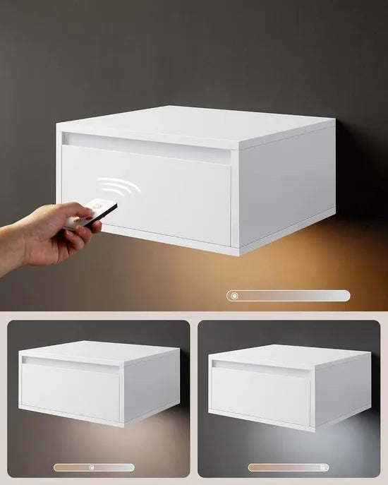 Furnstar Hangend Nachtkastje met LED Verlichting – Zwevende Wandplank met Lade – 3 Kleuren Licht – 35 x 40 x 18 cm – Modern Design voor Woonkamer & Slaapkamer – Wolkenwit