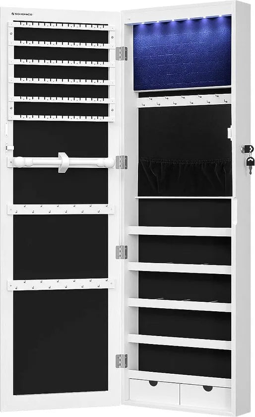 FurnStar - Hangende sieradenkast met LED -Verlichting - Sieradenrek - Deurmontage - In hoogte verstelbaar - Afsluitbaar - 120 cm hoog