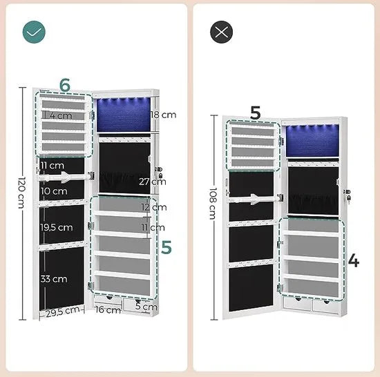 FurnStar - Hangende sieradenkast met LED -Verlichting - Sieradenrek - Deurmontage - In hoogte verstelbaar - Afsluitbaar - 120 cm hoog