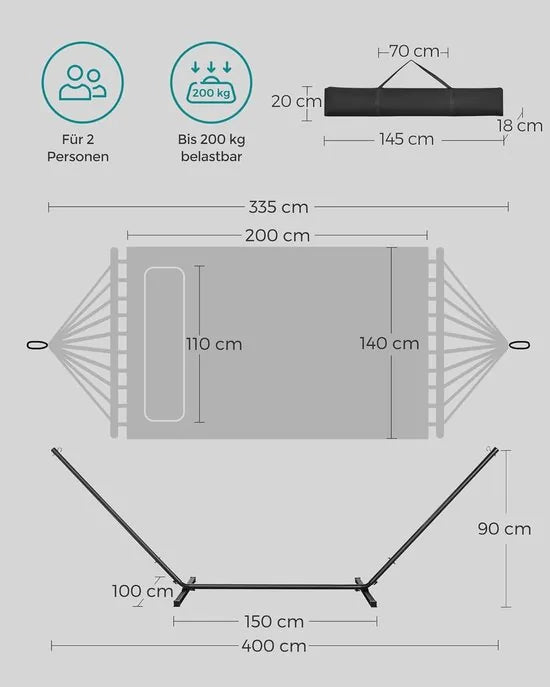 FurnStar hangmat met standaard voor 2 personen – tot 200 kg, met kussen en tas, blauw – Grijs