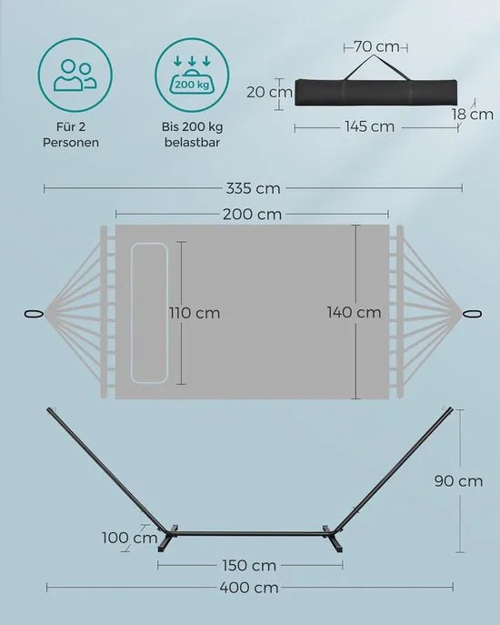 Furnstar Hangmat met Frame - Metalen Hangmatstandaard - Dubbele Halterstang - Met Kussen - Tot 200 kg Belastbaar - Blauwe hangmat GHS002Q01