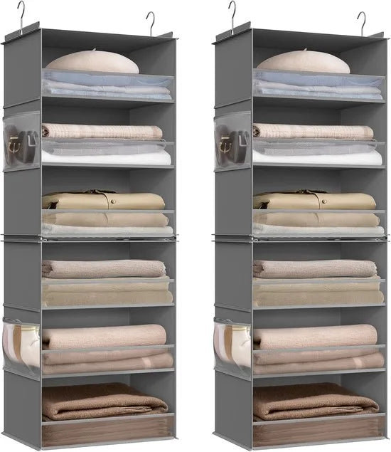 Furnstar Hangorganizer 2-delige set - Kast organizer -Hangrek - Verdeelbaar - Hangopslag - Opvouwbaar en ruimtebesparend - Metalen haken - Bamboe inzetstukken - Duifgrijs