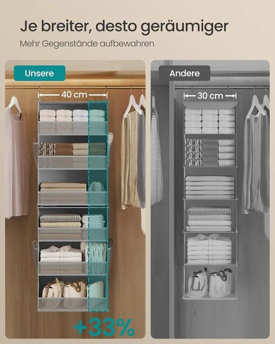 Furnstar Hangorganizer 2-delige set - Kast organizer -Hangrek - Verdeelbaar - Hangopslag - Opvouwbaar en ruimtebesparend - Metalen haken - Bamboe inzetstukken - Duifgrijs