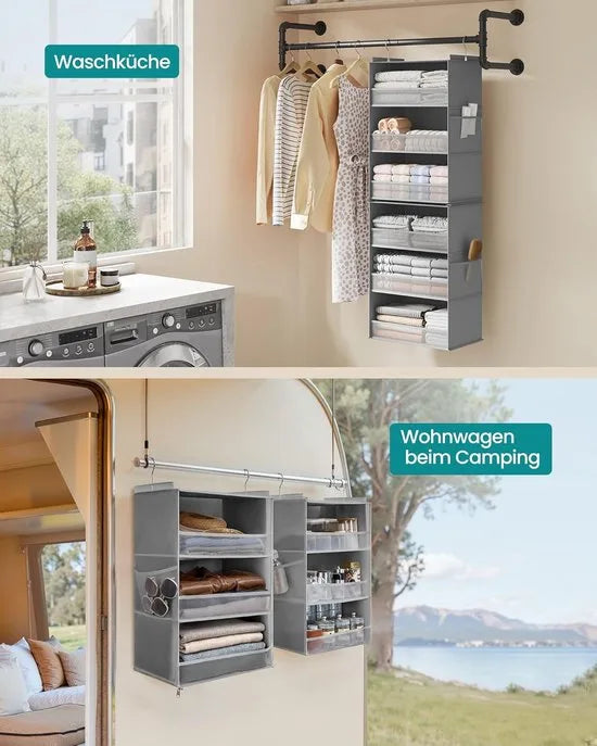 Furnstar Hangorganizer 2-delige set - Kast organizer -Hangrek - Verdeelbaar - Hangopslag - Opvouwbaar en ruimtebesparend - Metalen haken - Bamboe inzetstukken - Duifgrijs