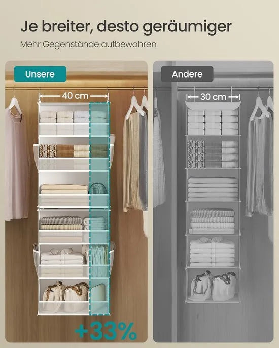 Furnstar Hangorganizer - Kast organizer -Hangrek - Verdeelbaar - Hangopslag - Opvouwbaar en ruimtebesparend - Metalen haken - Bamboe inzetstukken - Wolkenwit