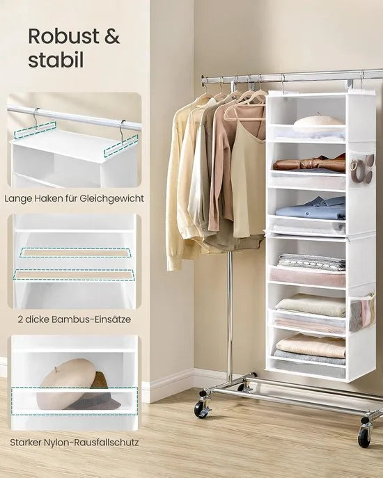 Furnstar Hangorganizer - Kast organizer -Hangrek - Verdeelbaar - Hangopslag - Opvouwbaar en ruimtebesparend - Metalen haken - Bamboe inzetstukken - Wolkenwit
