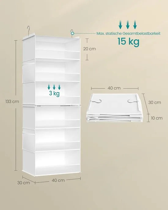 Furnstar Hangorganizer - Kast organizer -Hangrek - Verdeelbaar - Hangopslag - Opvouwbaar en ruimtebesparend - Metalen haken - Bamboe inzetstukken - Wolkenwit