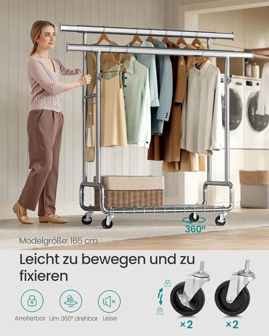 FurnStar – Heavy-Duty Kledingrek op Wielen – Dubbele Kledingstang – Verstelbare Hoogte – Met Plank en Haken– 52,5 x (107–149,8) x (144,2–164,2) cm – Draagvermogen 270 kg – Zilver
