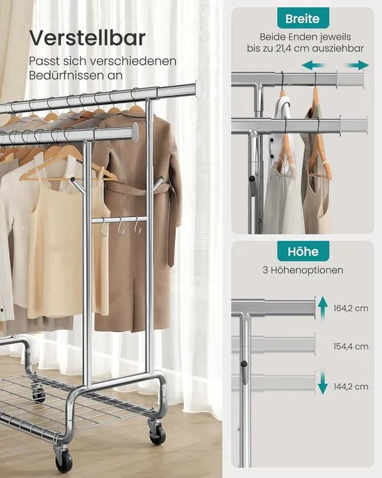 FurnStar – Heavy-Duty Kledingrek op Wielen – Dubbele Kledingstang – Verstelbare Hoogte – Met Plank en Haken– 52,5 x (107–149,8) x (144,2–164,2) cm – Draagvermogen 270 kg – Zilver