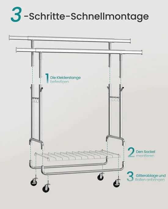 FurnStar – Heavy-Duty Kledingrek op Wielen – Dubbele Kledingstang – Verstelbare Hoogte – Met Plank en Haken– 52,5 x (107–149,8) x (144,2–164,2) cm – Draagvermogen 270 kg – Zilver
