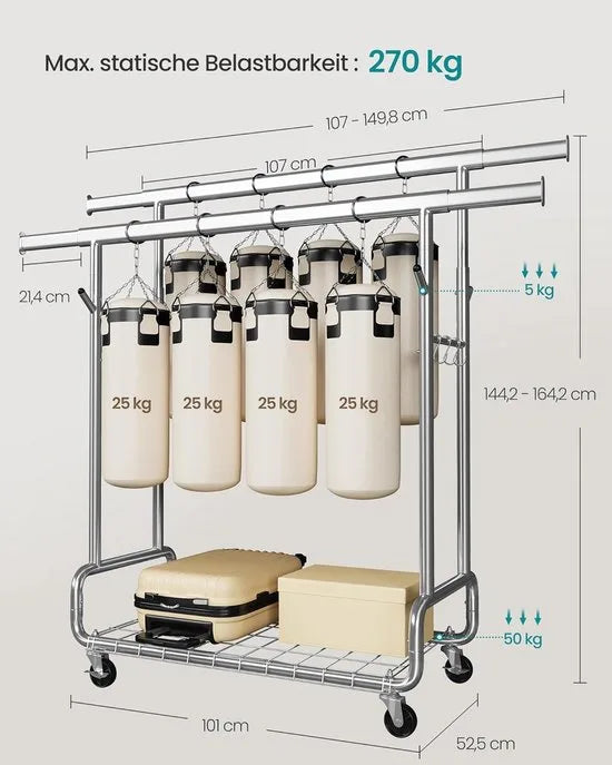 FurnStar – Heavy-Duty Kledingrek op Wielen – Dubbele Kledingstang – Verstelbare Hoogte – Met Plank en Haken– 52,5 x (107–149,8) x (144,2–164,2) cm – Draagvermogen 270 kg – Zilver