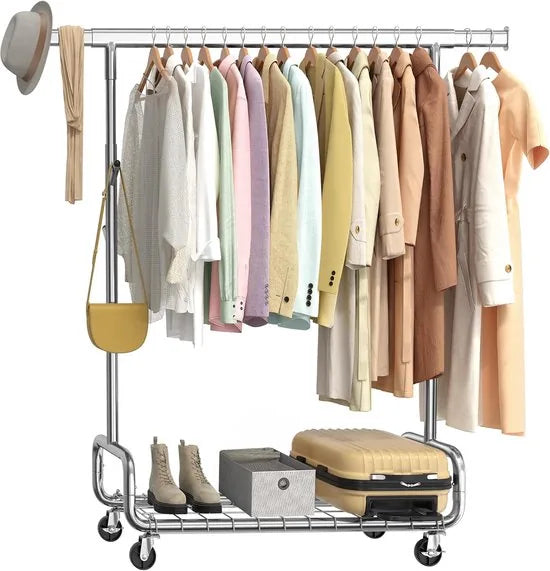 FurnStar – Heavy-Duty Kledingrek op Wielen – Verstelbare Hoogte – Uittrekbare Kledingstang – Met Plank en Haken – Industrieel Design – 47,5 x (107–149,8) x (144,2–164,2) cm – Draagvermogen 200 kg - Zilver