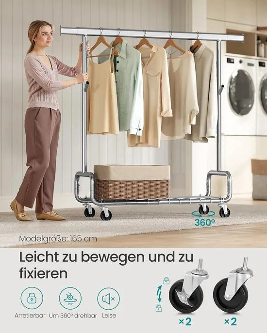 FurnStar – Heavy-Duty Kledingrek op Wielen – Verstelbare Hoogte – Uittrekbare Kledingstang – Met Plank en Haken – Industrieel Design – 47,5 x (107–149,8) x (144,2–164,2) cm – Draagvermogen 200 kg - Zilver