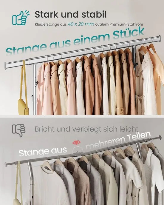 FurnStar – Heavy-Duty Kledingrek op Wielen – Verstelbare Hoogte – Uittrekbare Kledingstang – Met Plank en Haken – Industrieel Design – 47,5 x (107–149,8) x (144,2–164,2) cm – Draagvermogen 200 kg - Zilver