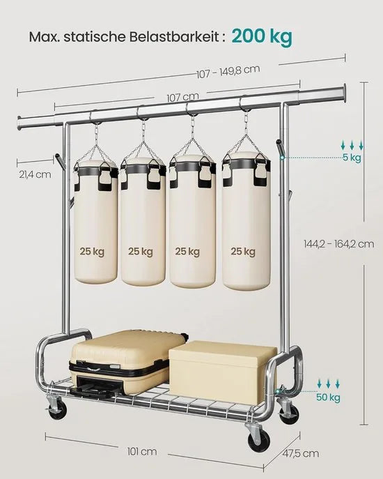 FurnStar – Heavy-Duty Kledingrek op Wielen – Verstelbare Hoogte – Uittrekbare Kledingstang – Met Plank en Haken – Industrieel Design – 47,5 x (107–149,8) x (144,2–164,2) cm – Draagvermogen 200 kg - Zilver