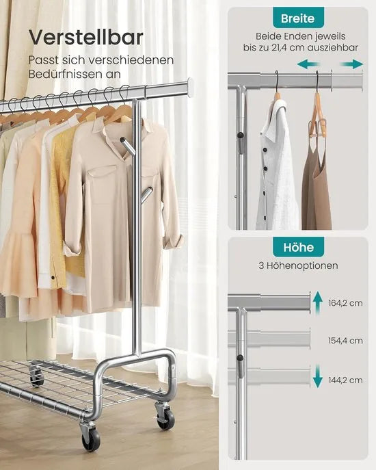 FurnStar – Heavy-Duty Kledingrek op Wielen – Verstelbare Hoogte – Uittrekbare Kledingstang – Met Plank en Haken – Industrieel Design – 47,5 x (107–149,8) x (144,2–164,2) cm – Draagvermogen 200 kg - Zilver