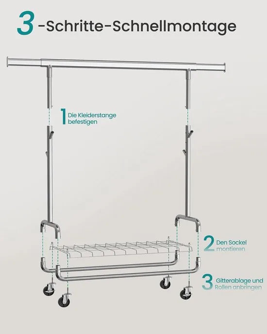FurnStar – Heavy-Duty Kledingrek op Wielen – Verstelbare Hoogte – Uittrekbare Kledingstang – Met Plank en Haken – Industrieel Design – 47,5 x (107–149,8) x (144,2–164,2) cm – Draagvermogen 200 kg - Zilver