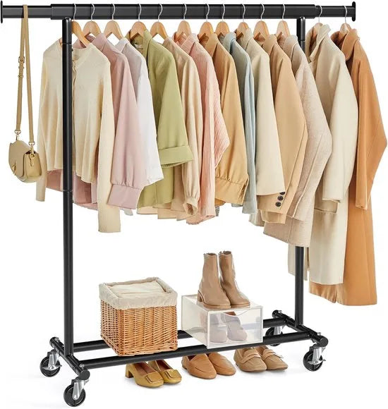 FurnStar Heavy Duty Kledingrek op Wieltjes – Zwart – Uittrekbare Kledingstang – Tot 100 kg Belastbaar