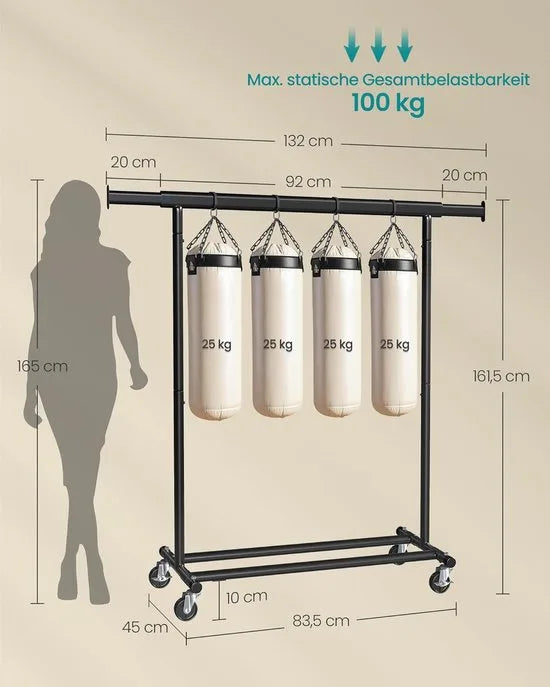 FurnStar Heavy Duty Kledingrek op Wieltjes – Zwart – Uittrekbare Kledingstang – Tot 100 kg Belastbaar