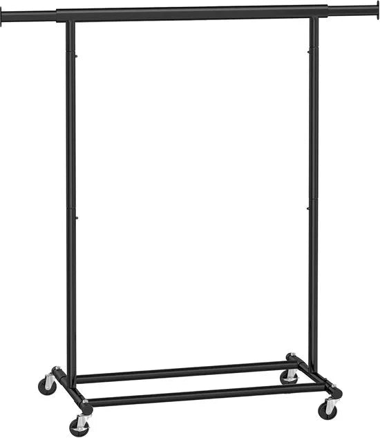 FurnStar Heavy Duty Kledingrek op Wieltjes – Zwart – Uittrekbare Kledingstang – Tot 100 kg Belastbaar