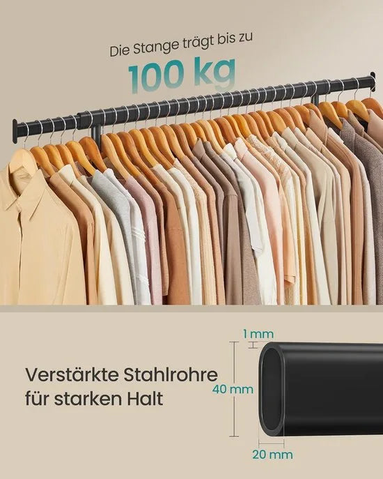 FurnStar Heavy Duty Kledingrek op Wieltjes – Zwart – Uittrekbare Kledingstang – Tot 100 kg Belastbaar