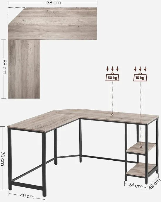FurnStar hoekbureau - L bureau - 138x138x76cm - Grijs