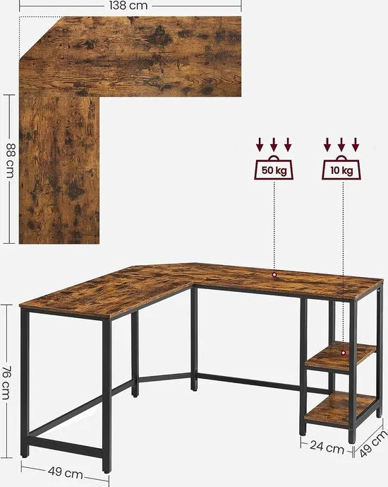 FurnStar - Hoekbureau - L-vormig computerbureau - Met 2 planken - Ruimtebesparend - Eenvoudige montage - Gaming- Thuiskantoor - 138x138x76 cm - Bruin-Zwart
