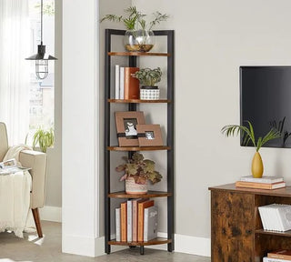 FurnStar - Hoekkast met 5 Niveaus - Hoekboekenkast - Veelzijdig Opbergmeubel - Plantenrek - Voor Woonkamer - Slaapkamer - Kantoor - Industrieel - 30x30x150 - Bruin/Zwart