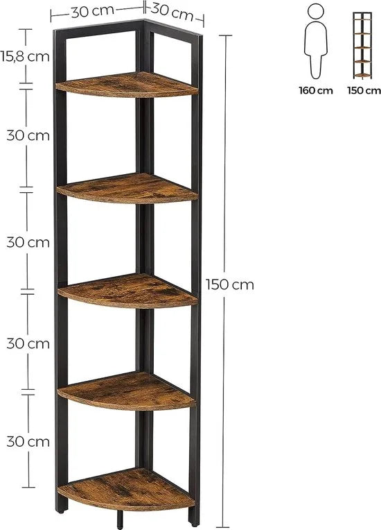 FurnStar - Hoekkast met 5 Niveaus - Hoekboekenkast - Veelzijdig Opbergmeubel - Plantenrek - Voor Woonkamer - Slaapkamer - Kantoor - Industrieel - 30x30x150 - Bruin/Zwart