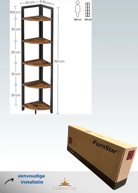 FurnStar - Hoekkast met 5 Niveaus - Hoekboekenkast - Veelzijdig Opbergmeubel - Plantenrek - Voor Woonkamer - Slaapkamer - Kantoor - Industrieel - 30x30x150 - Bruin/Zwart