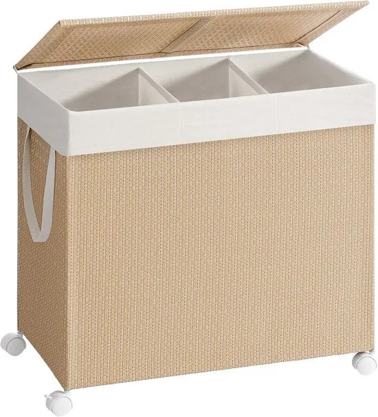 Furnstar HOME Wasmand met 3 vakken - Wasverzamelaar 140 l - Wassorteerder op wieltjes met deksel - Waszak met handgrepen - Rotan-look - Voor bijkeuken en badkamer - Beige/Wit
