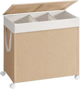 Furnstar HOME Wasmand met 3 vakken - Wasverzamelaar 140 l - Wassorteerder op wieltjes met deksel - Waszak met handgrepen - Rotan-look - Voor bijkeuken en badkamer - Beige/Wit