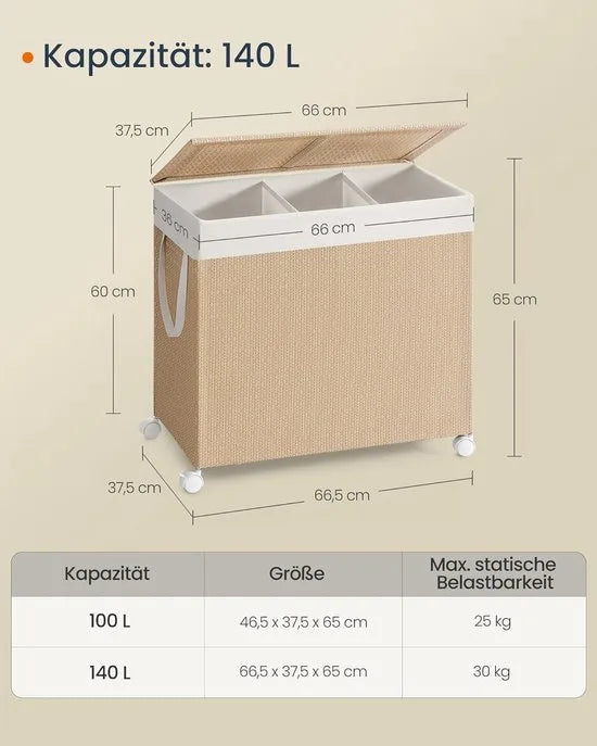 Furnstar HOME Wasmand met 3 vakken - Wasverzamelaar 140 l - Wassorteerder op wieltjes met deksel - Waszak met handgrepen - Rotan-look - Voor bijkeuken en badkamer - Beige/Wit