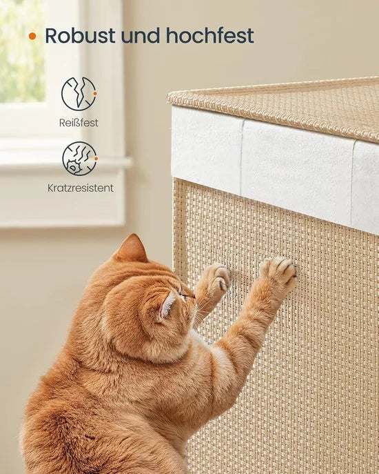 Furnstar HOME Wasmand met 3 vakken - Wasverzamelaar 140 l - Wassorteerder op wieltjes met deksel - Waszak met handgrepen - Rotan-look - Voor bijkeuken en badkamer - Beige/Wit