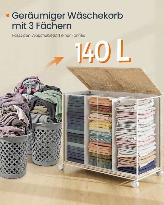 Furnstar HOME Wasmand met 3 vakken - Wasverzamelaar 140 l - Wassorteerder op wieltjes met deksel - Waszak met handgrepen - Rotan-look - Voor bijkeuken en badkamer - Beige/Wit