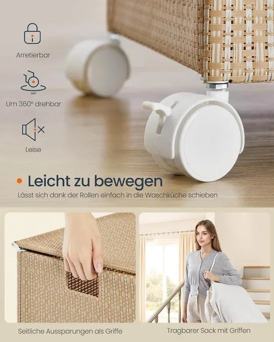 Furnstar HOME Wasmand met 3 vakken - Wasverzamelaar 140 l - Wassorteerder op wieltjes met deksel - Waszak met handgrepen - Rotan-look - Voor bijkeuken en badkamer - Beige/Wit