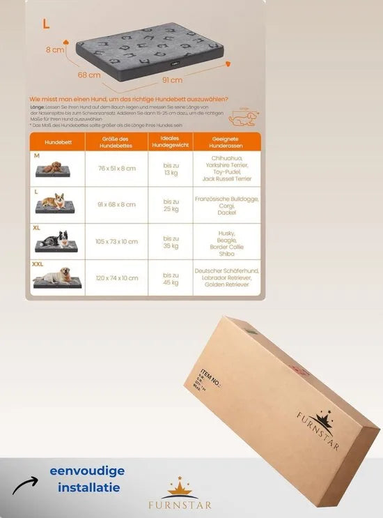 FurnStar - Hondenbed - Hondenkussen - Wasbaar - Hondenmat - Afneembaar - Waterdicht - Voor middelgrote honden - 91 x 68 x 8 cm - maat L - Grijs