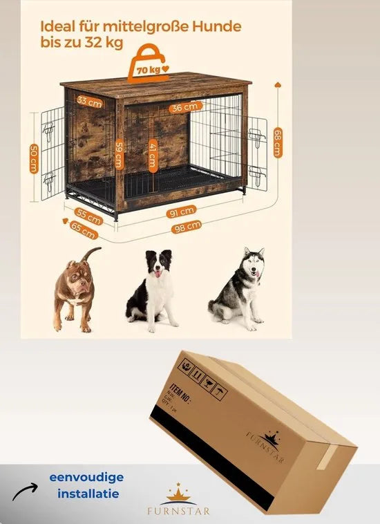 FurnStar - Hondenbench voor woonkamer - 2 deuren - Grote hond - 91 * 55 * 68 cm - Bench Industrieel - L