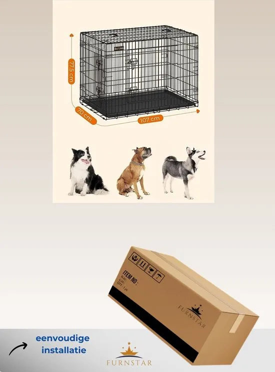 FurnStar - Hondenbench XL - Hondenkooi met 2 deuren - 107x70x77.5cm - Zwart