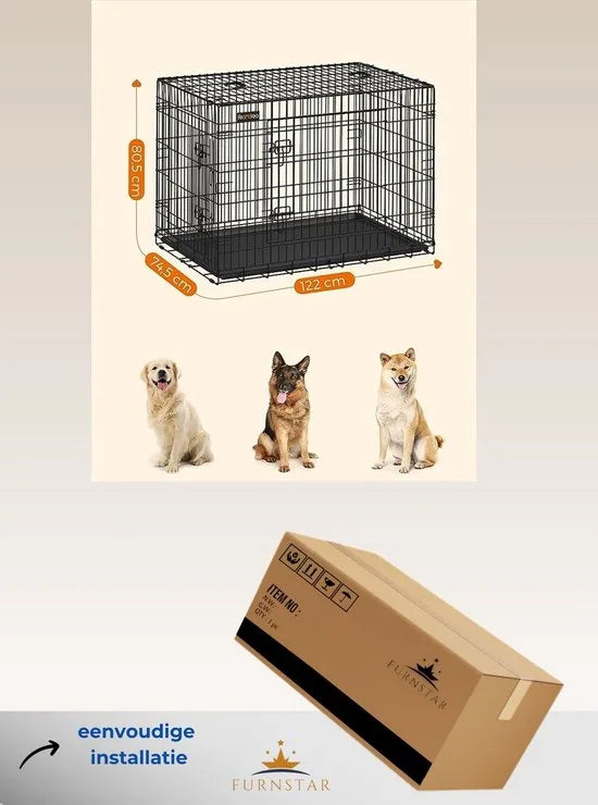 FurnStar - Hondenbench XXL - Hondenkooi met 2 deuren - Hondenbench - Hondenren - Puppyren - Bench - Opvouwbaar - Metaal - 122x76x81 cm - Zwart