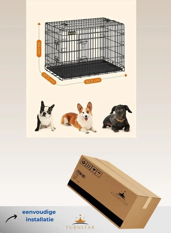 FurnStar - Hondenkooi - Hondenkooi met 2 deuren - Hondenbox - Opvouwbaar - 92,5 x 57,5 ​​x 64 cm - zwart