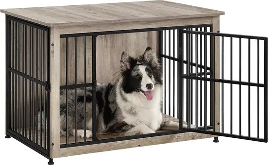 FurnStar - Hondenkooi - meubel - bijzettafel - hondenbox - modern hondenhok voor binnen voor honden tot 32 kg - zeer belastbaar - gesloten bodem - hondenhuis - 2 deuren - 98 x 65 x 69 cm - grijs gemêleerd