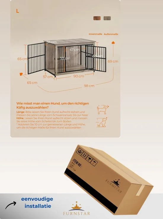 FurnStar - Hondenkooi - meubel - bijzettafel - hondenbox - modern hondenhok voor binnen voor honden tot 32 kg - zeer belastbaar - gesloten bodem - hondenhuis - 2 deuren - 98 x 65 x 69 cm - grijs gemêleerd