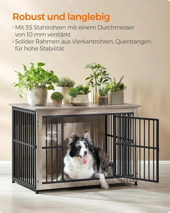 FurnStar - Hondenkooi - meubel - bijzettafel - hondenbox - modern hondenhok voor binnen voor honden tot 32 kg - zeer belastbaar - gesloten bodem - hondenhuis - 2 deuren - 98 x 65 x 69 cm - grijs gemêleerd