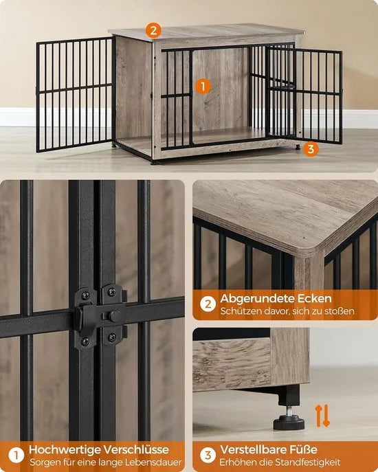 FurnStar - Hondenkooi - meubel - bijzettafel - hondenbox - modern hondenhok voor binnen voor honden tot 32 kg - zeer belastbaar - gesloten bodem - hondenhuis - 2 deuren - 98 x 65 x 69 cm - grijs gemêleerd