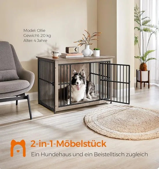 FurnStar - Hondenkooi - meubel - bijzettafel - hondenbox - modern hondenhok voor binnen voor honden tot 32 kg - zeer belastbaar - gesloten bodem - hondenhuis - 2 deuren - 98 x 65 x 69 cm - grijs gemêleerd