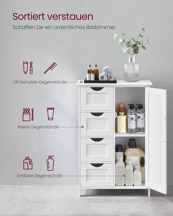 Furnstar - Houten badkamerkast - Ladekast met 4 schuifladen en 1 deur - Wit - 55 x 81 x 30 cm