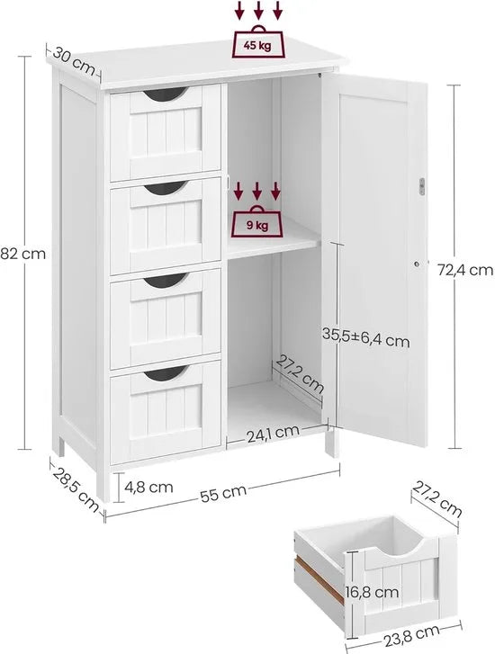 Furnstar - Houten badkamerkast - Ladekast met 4 schuifladen en 1 deur - Wit - 55 x 81 x 30 cm