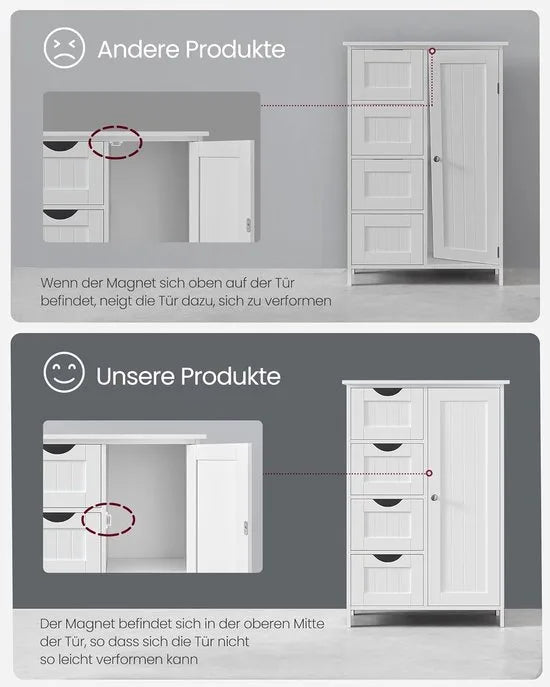 Furnstar - Houten badkamerkast - Ladekast met 4 schuifladen en 1 deur - Wit - 55 x 81 x 30 cm