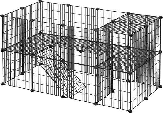 FurnStar - Huisdierverblijf - LPI02H - 2 niveaus - Modulaire verblijfplaats voor kleine dieren - Hamsters - Konijnen - Cavia's - Gaaspanelen - Binnengebruik - 143 x 73 x 71 cm - Zwart